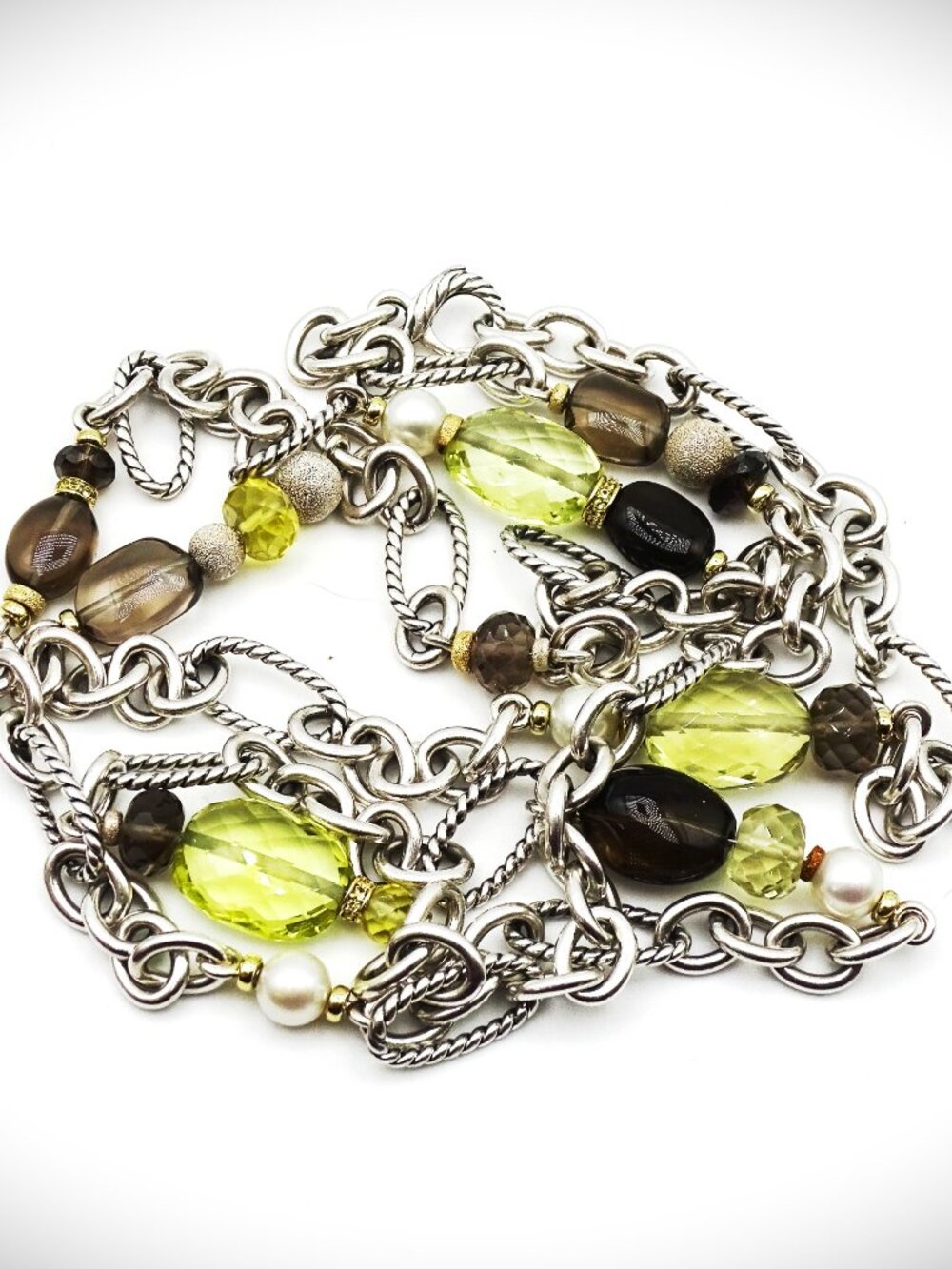 DAVID YURMAN Sterling Silver 18K Gold Pearls & Quartz 48" 158 grams Necklace
